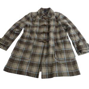 Gap Wool Viscose Brown Blue Plaid Duffle Pea Coat Women Size XXL Pockets Toggle